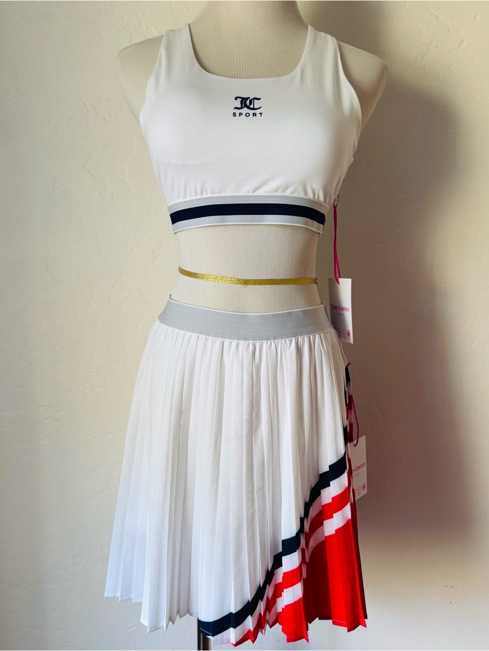 NWT Juicy Couture White Pleated Skirt with Red & Navy Stripe Hem
